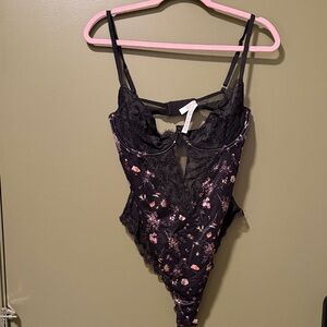 Victoria's Secret Black and Pink Lace Bodysuit